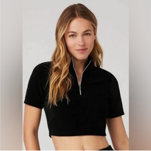 ALO Yoga Tops - Alo Yoga Micro Corduroy Winter Break Mock Neck Short Sleeve Top Black Size XS